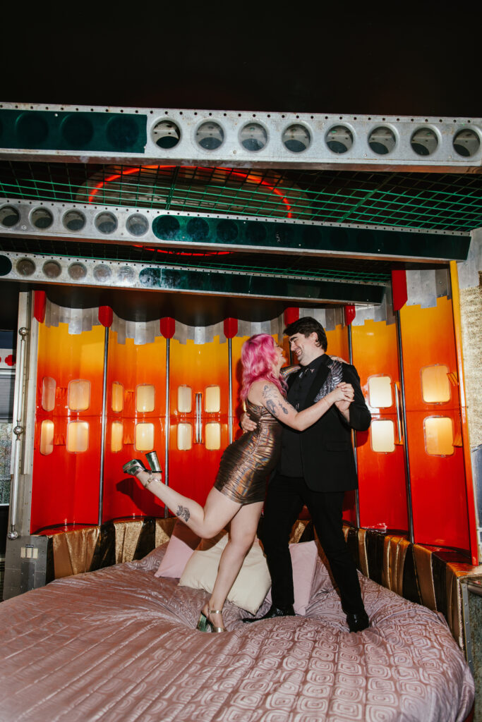 Couple at spaced themed engagement shoot