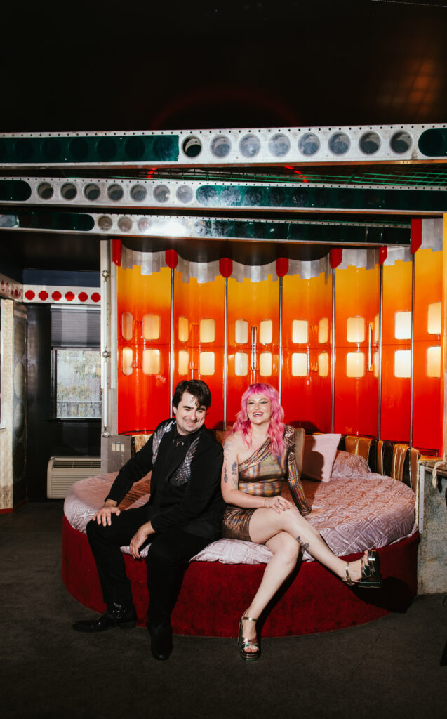 Couple at spaced themed engagement shoot at the Feather Nest Inn, New Jersey