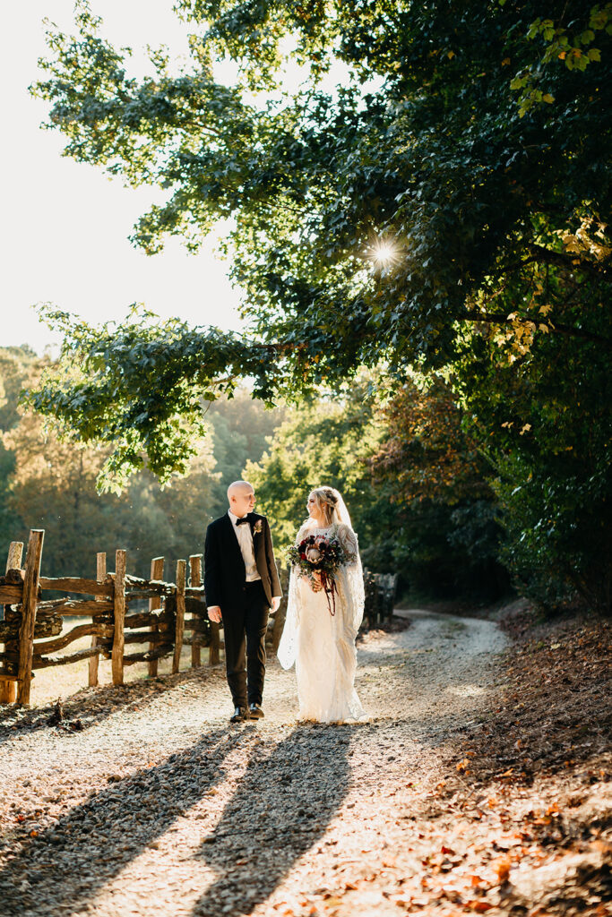bride and groom outdoor portraits for fall wedding in north georgia