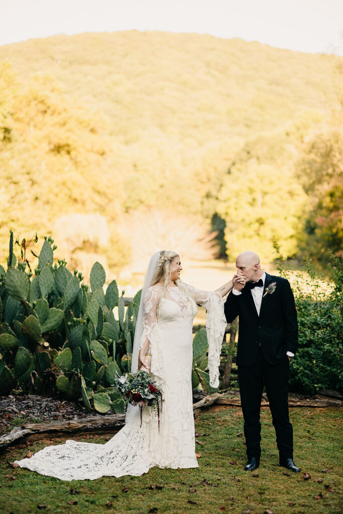 bride and groom outdoor portraits with cacti