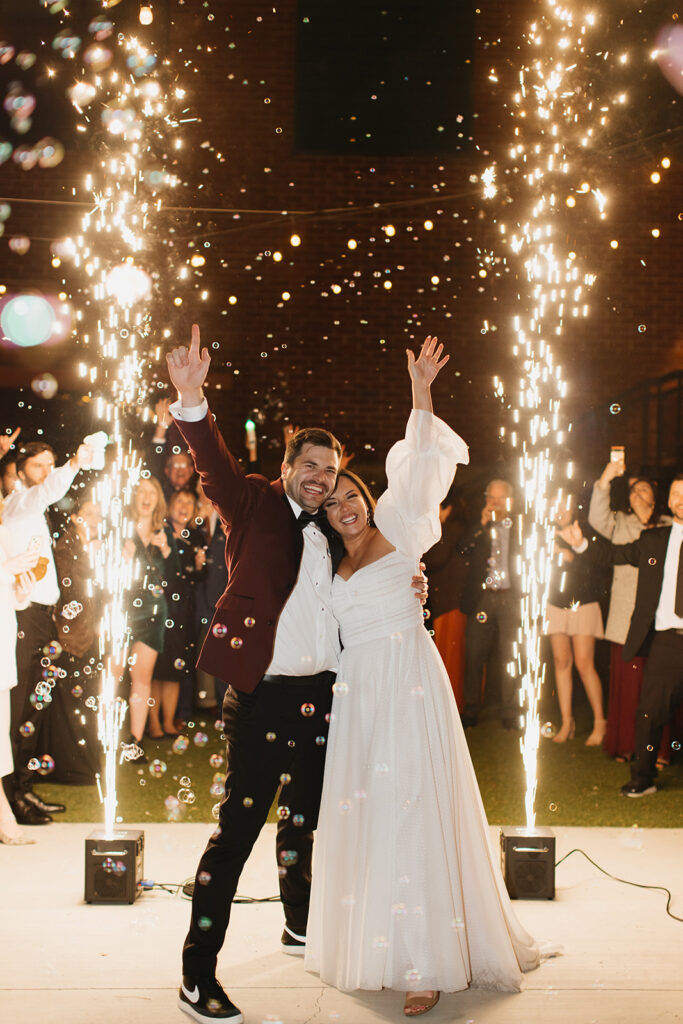 wedding exit photos with bubbles and lights