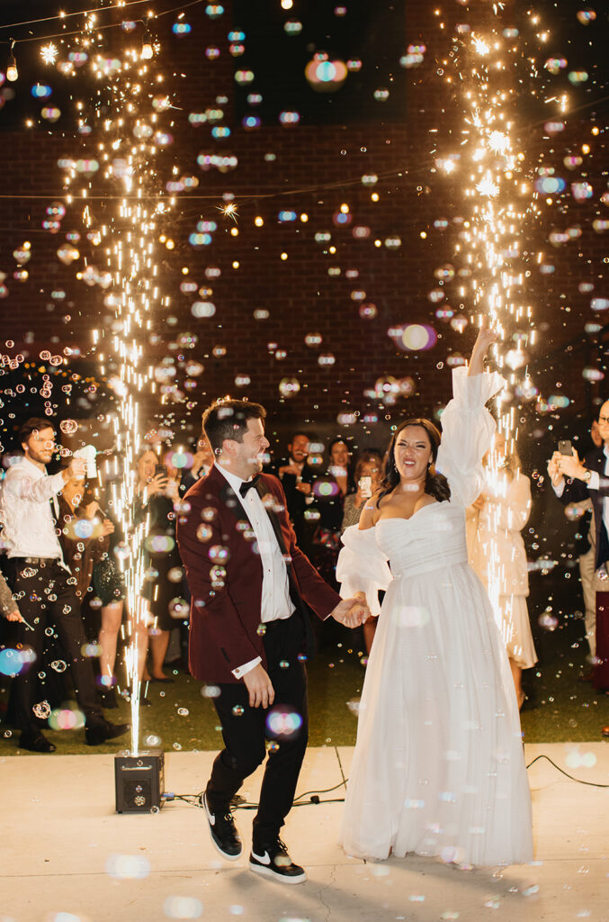wedding exit photos with bubbles and lights
