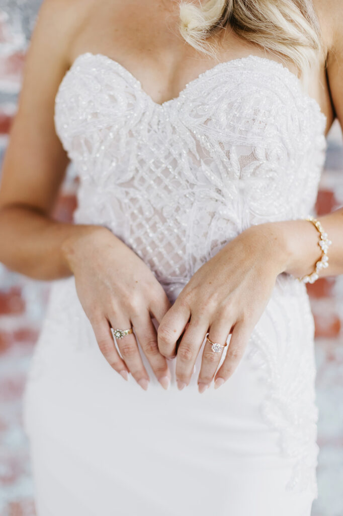wedding ring and wedding dress details