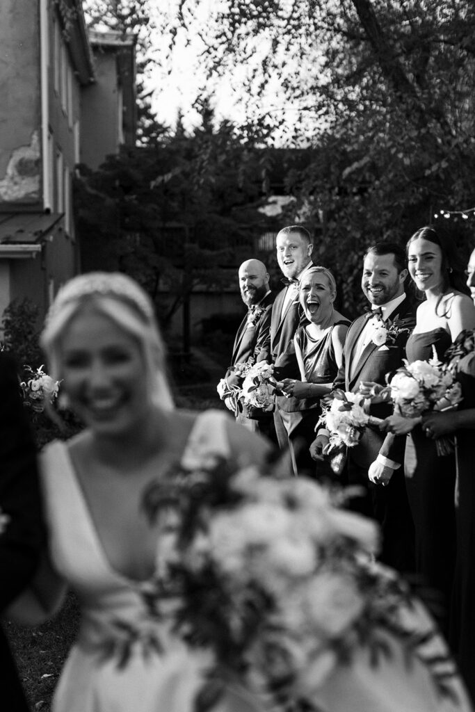 black and white blurry bridal party photos at The Washington at Historic Yellow Springs