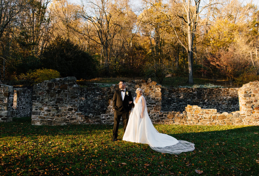 bride and groom outdoor portraits for fall wedding at The Washington at Historic Yellow Springs